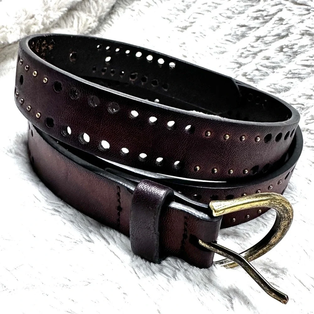 PERFORATED BROWN LEATHER 1 “ WIDE  TINY STUDS CASUAL DRESS WOMEN'S BELT, XL